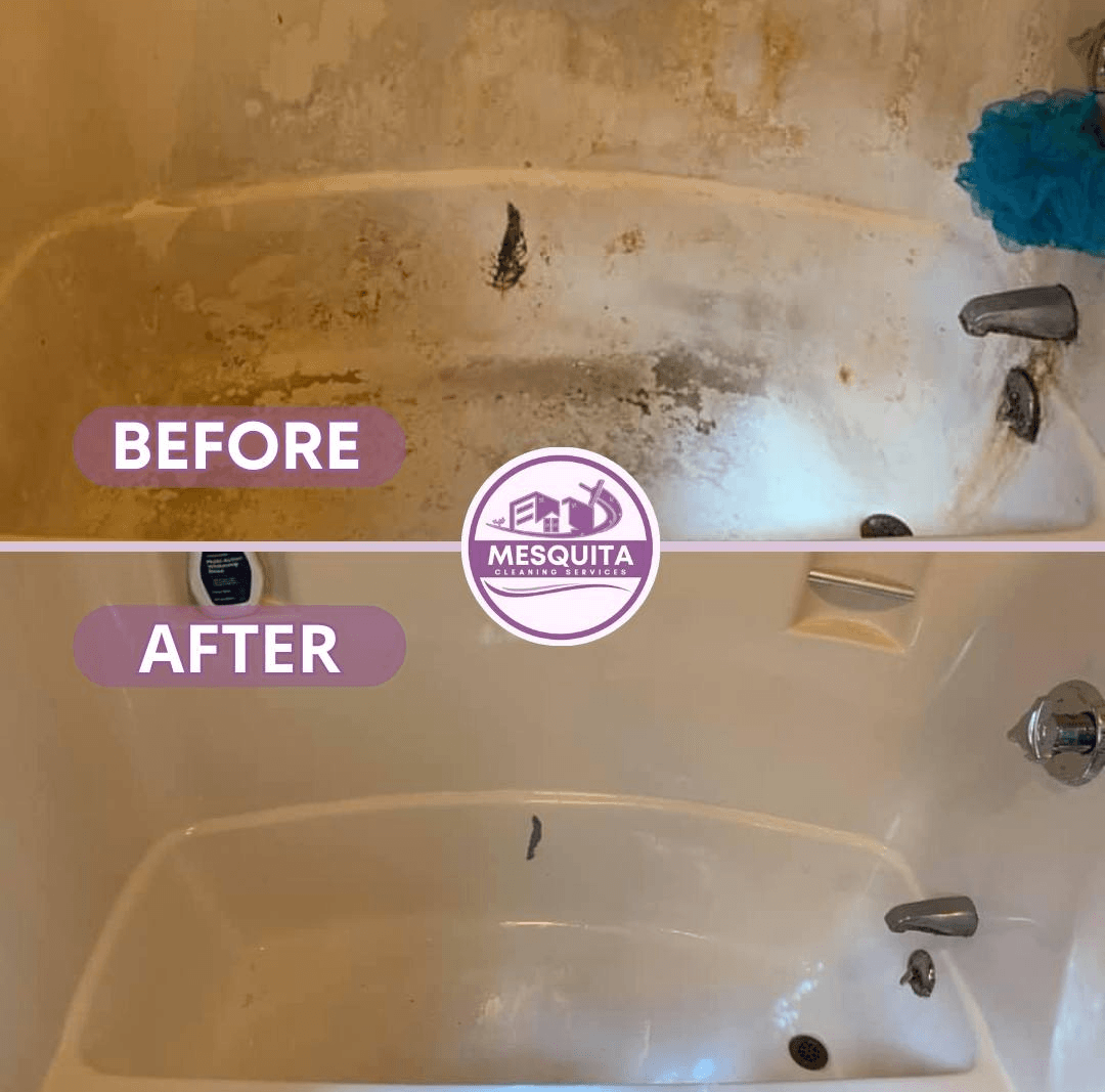 Mesquita Cleaning before and after: a heavily stained tub restored to a polished white finish
