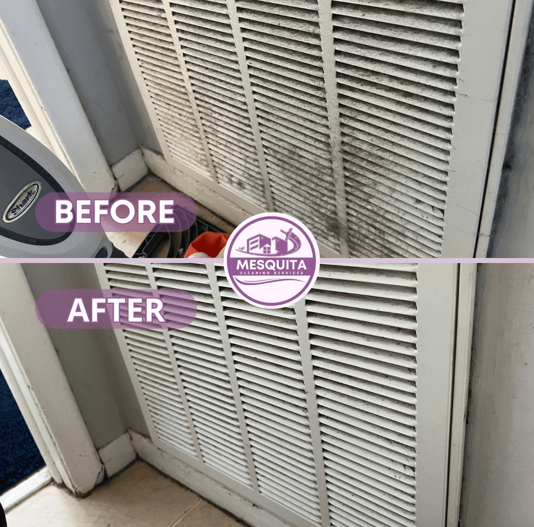 Mesquita Cleaning before and after: dust caked HVAC ceiling vent cleaned to bare white