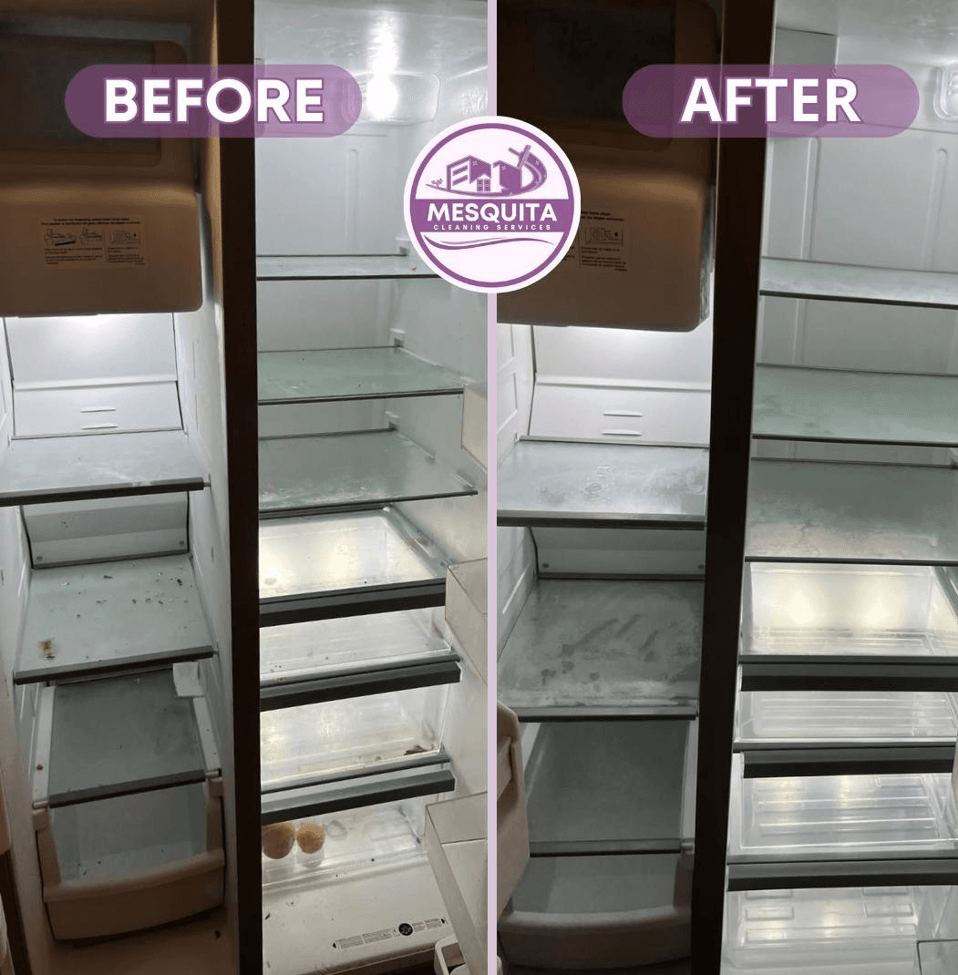 Mesquita Cleaning before and after: refrigerator interior shelves and drawers detailed and sanitized