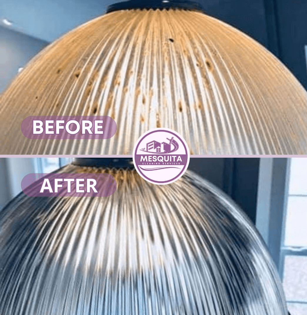 Mesquita Cleaning before and after: pendant lamp shade clouded with grime restored to clear glass