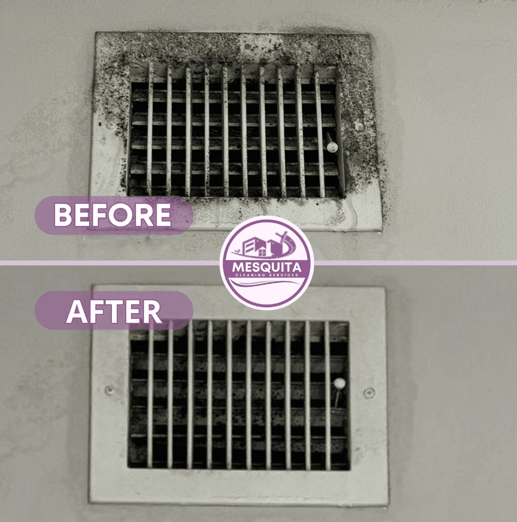 Mesquita Cleaning before and after: return air wall vent cleaned of household dust and lint