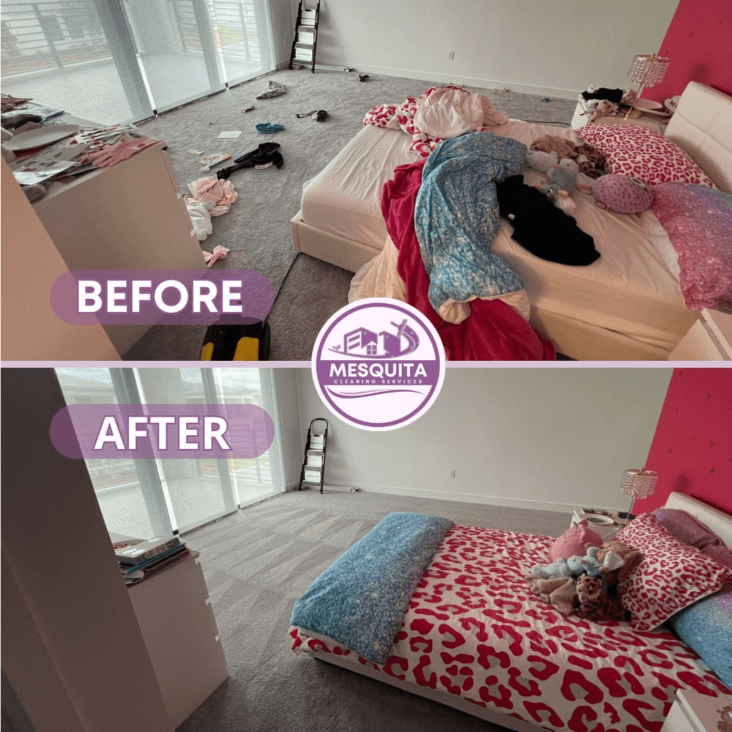 Mesquita Cleaning before and after: cluttered child's bedroom reset to a fully made bed and clear floor
